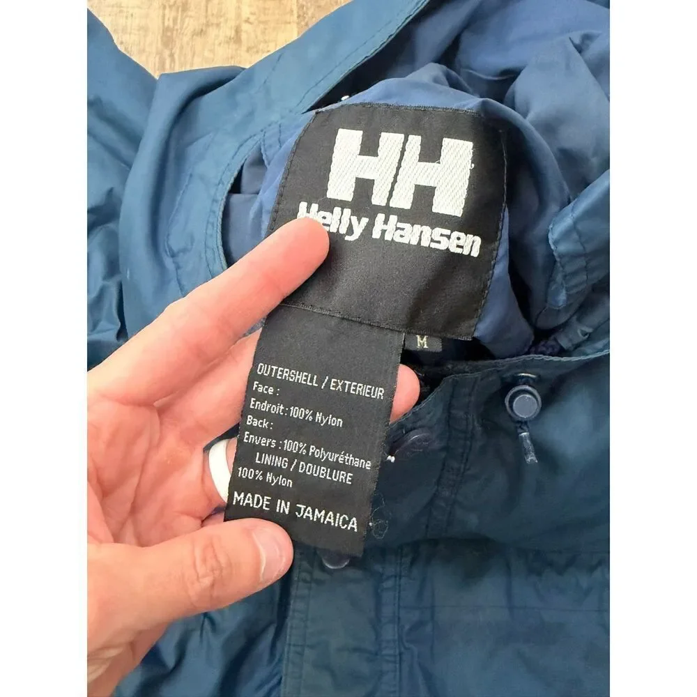 Vtg Helly Hansen Packable Rain Jacket Blue Hooded Full Zip Pockets Men's M *Read